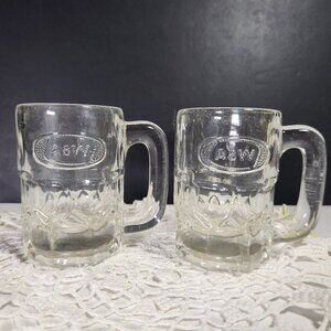 A&W Mini Clear Glass Mug Set of 2 cups Vintage 60s Embossed Logo 3.25"